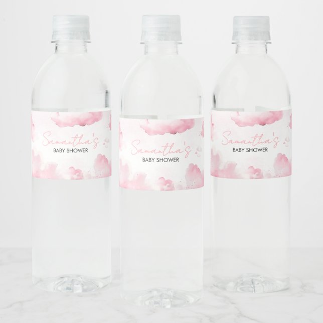 Pink On Cloud Nine Baby Shower  Water Bottle Label (Bottles)