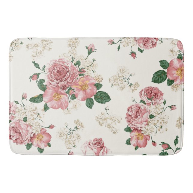 Pink on Cream Vintage Floral  Bath Mat (Front)