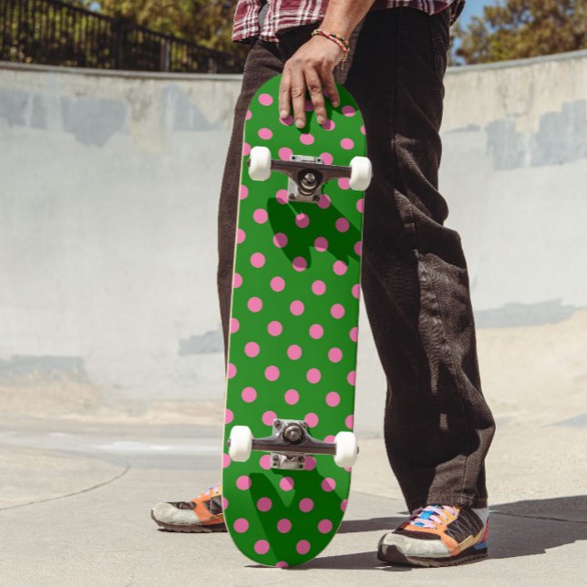 Pink On Green Polka Dots Pattern Design  Skateboard (Creator Uploaded)