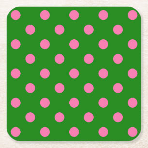 Pink On Green Polka Dots Pattern Design Square Paper Coaster