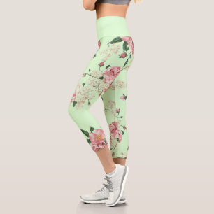 Pink on Green Vintage Floral Capri Leggings