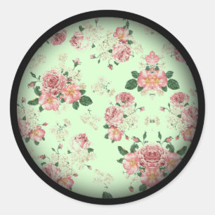 Pink on Green Vintage Floral Classic Round Sticker