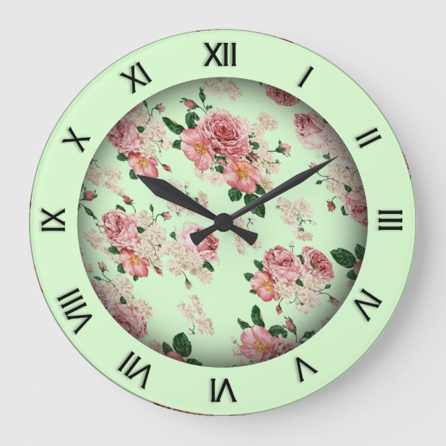 Pink on Green Vintage Floral Large Clock (Front)