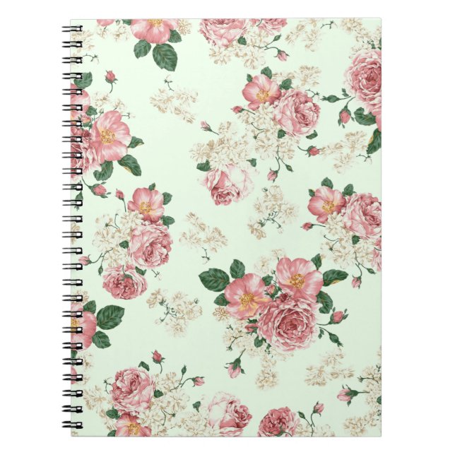 Pink on Green Vintage Floral Notebook (Front)