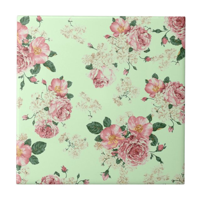 Pink on Green Vintage Floral Tile (Front)