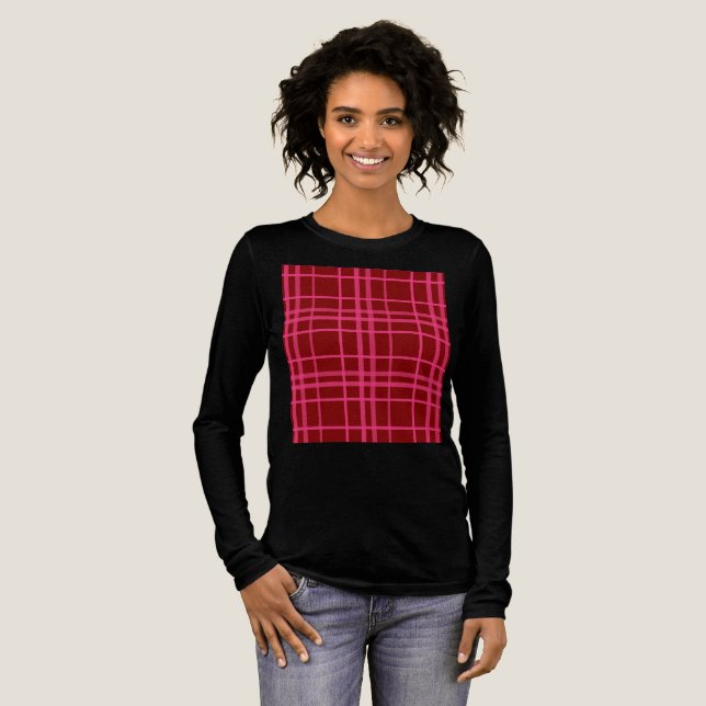 Pink On Maroon Red Tartan Plaid Pattern Design  Tri-Blend Shirt (Full Front)
