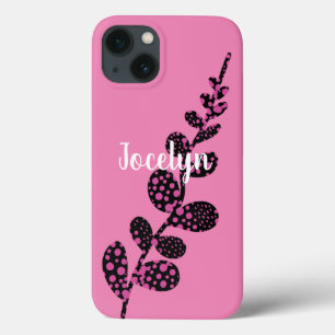 pink on pink polka dot leaves add your own text  iPhone 13 case