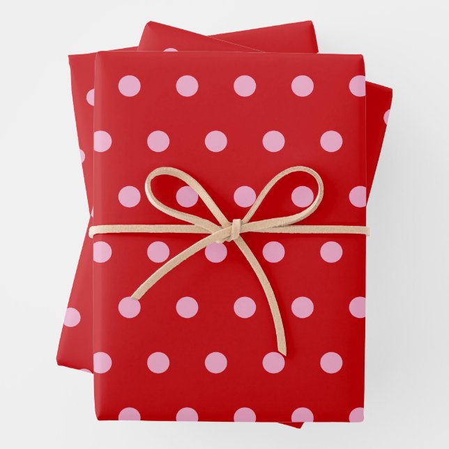 Pink on Red Polka Dots  Wrapping Paper Sheet (In situ)