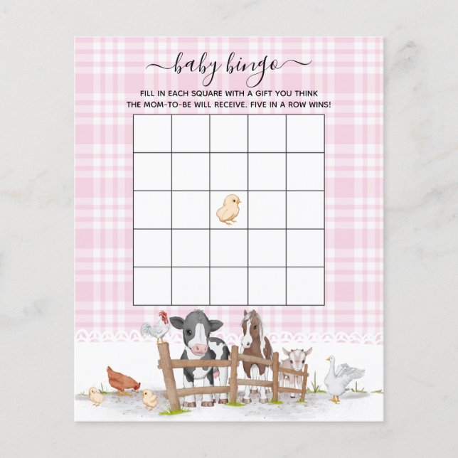Pink On The Farm Animals Baby Shower Bingo Game (Front)