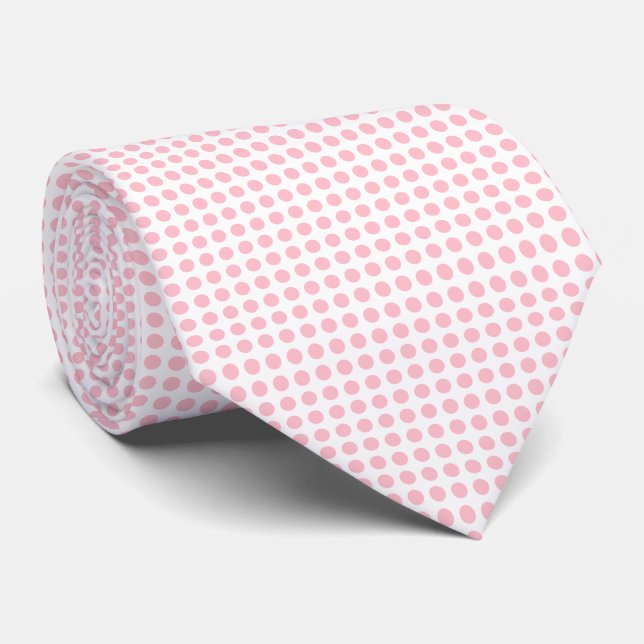 Pink on White Medium Size Horizontal Polka Dots Tie (Rolled)