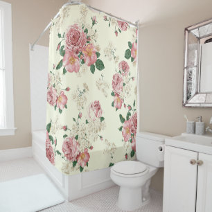 Pink on Yellow Vintage Floral Shower Curtain