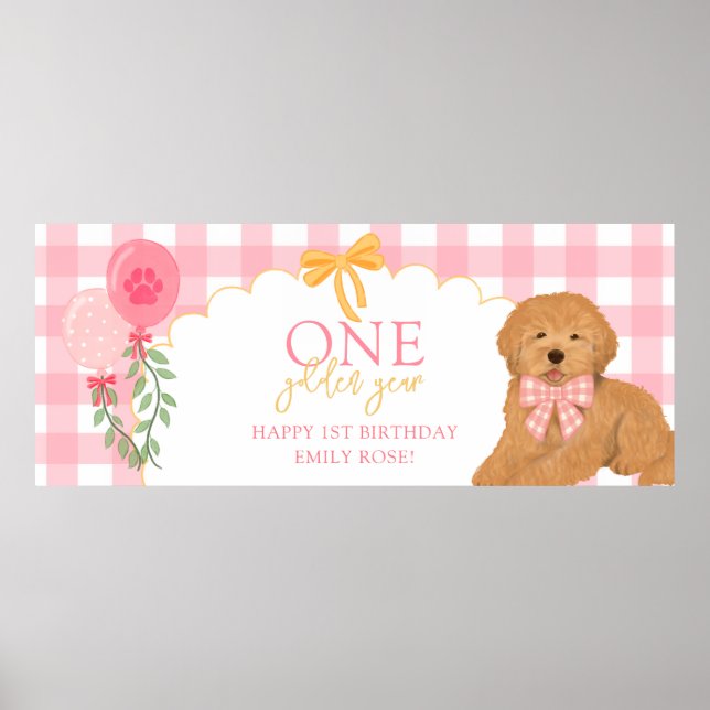 Pink One Golden Year Goldendoodle Dog 1st Birthday Poster (Front)