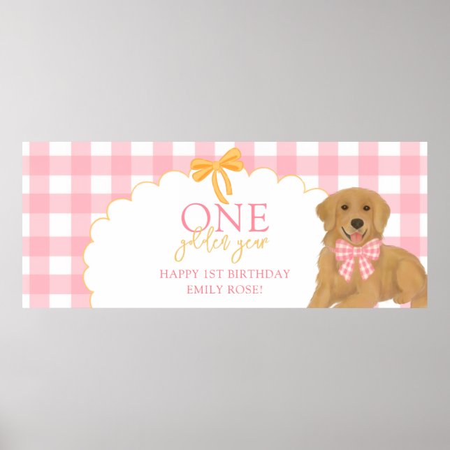 Pink One Golden Year Retriever Puppy 1st Birthday Poster (Front)