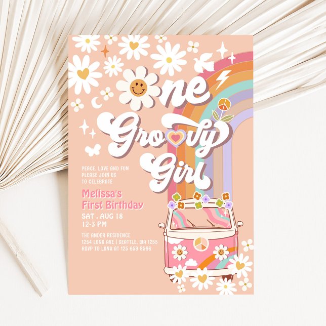 Pink One Groovy Girl Daisy Rainbow 1st Birthday Invitation (Creator Uploaded)