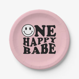 Pink One Happy Babe Happy Smile Girl 1st Birthday Paper Plate