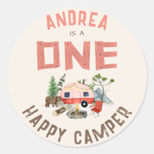 Pink One Happy Camper Woodland Girls 1st Birthday Classic Round Sticker