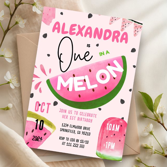 Pink One in A Melon 1st Watermelon Girl Birthday Invitation (Pink One in A Melon 1st Watermelon Girl Birthday Invitation)