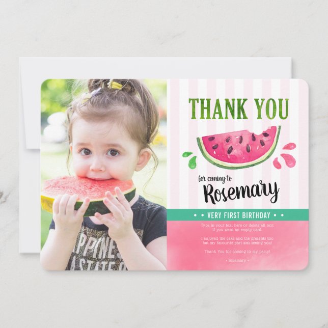 Pink One in a melon birthday Photo thank you card (Front)