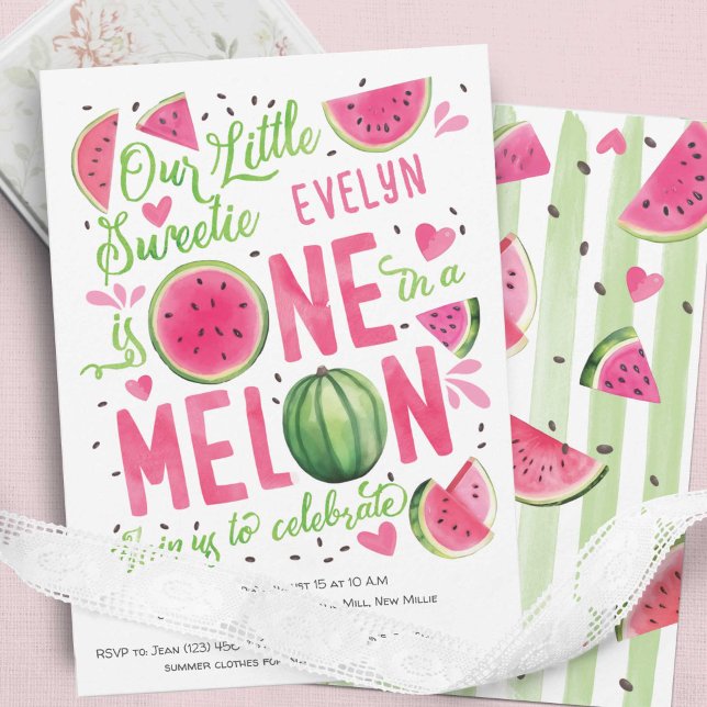 Pink One in A Melon, Summer Fruit Cute Watermelon Invitation (Summer Adorable  pink Watercolor One In a Melon, Watercolor Themed Girl 1st Birthday Invitations.)
