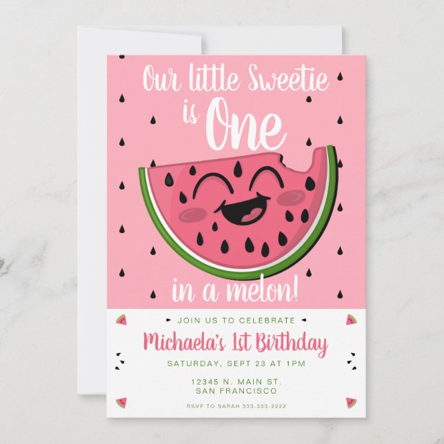 Pink One in a Melon Watermelon Girl's 1st Birthday Invitation (Front)