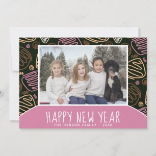 Pink One Line Shapes Pattern Photo New Year 2026 Holiday Card