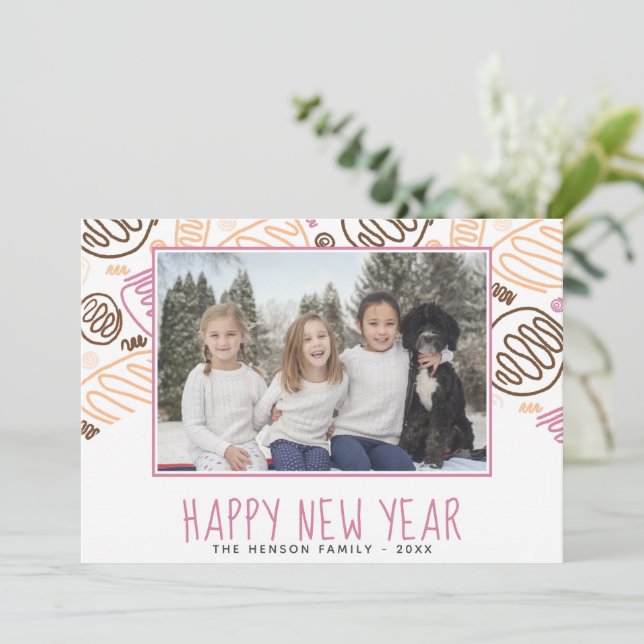 Pink One Line Shapes Pattern Photo New Year  Holiday Card (Standing Front)
