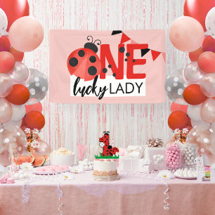 Pink One Lucky Lady Watercolor Ladybug Birthday Banner