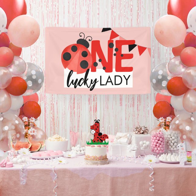 Pink One Lucky Lady Watercolor Ladybug Birthday Banner (One Lucky Lady Watercolor Ladybug 1st Birthday Party Vinyl Hanging Banner)