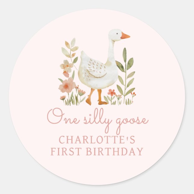 Pink One Silly Goose Birthday Classic Round Sticker (Front)