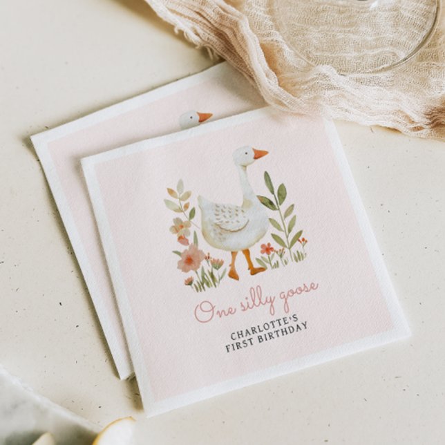 Pink One Silly Goose Birthday Napkin (Creator Uploaded)