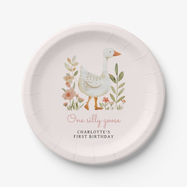 Pink One Silly Goose Birthday Paper Plate (Front)