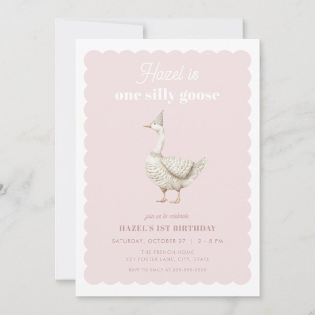 Pink One Silly Goose Girl 1st Birthday Invitation (Front)