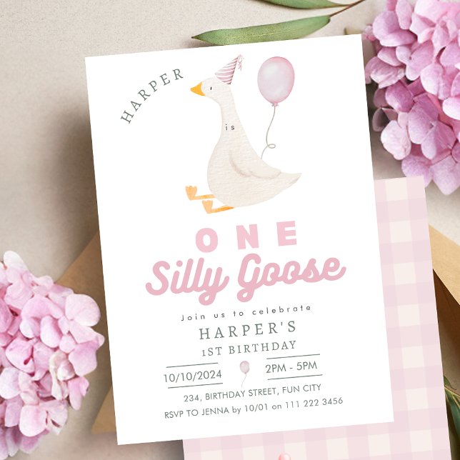Pink One Silly Goose Girl 1st Birthday Invitation (Pink One Silly Goose Girl 1st Birthday Invitation)
