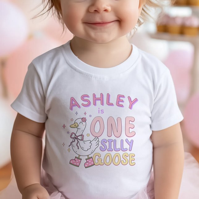 Pink One Silly Goose - Retro Girl First Birthday Baby T-Shirt (Pink "One Silly Goose" - Girl First Birthday T-shirt. Adorable Silly Goose Design.)