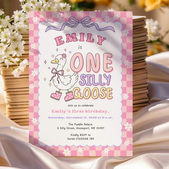 Pink One Silly Goose-Retro Girl First Birthday Invitation (One Silly Goose-Pink Retro Checkered Girl First Birthday Invitations)