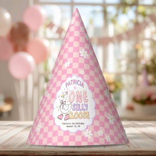 Pink One Silly Goose-Retro Girl First Birthday Party Hat