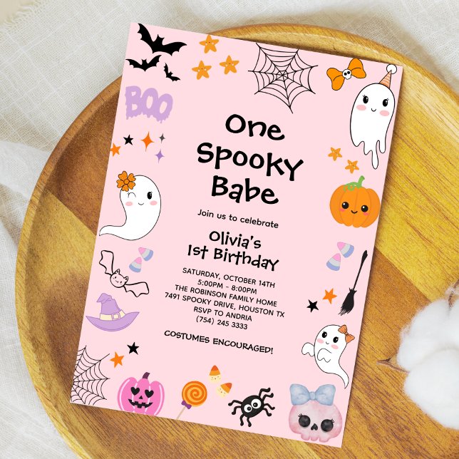 Pink One Spooky Babe Ghost Halloween 1st Birthday Invitation (Pink One Spooky Babe Cute Ghost Halloween 1st Birthday Invitation  )