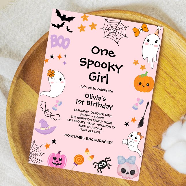 Pink One Spooky Girl Ghost Halloween 1st Birthday Invitation (Pink One Spooky Girl Cute Ghost Halloween 1st Birthday Invitation  )