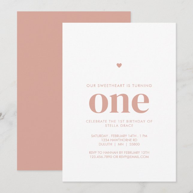 Pink One Sweetheart First Birthday Invitation (Front/Back)