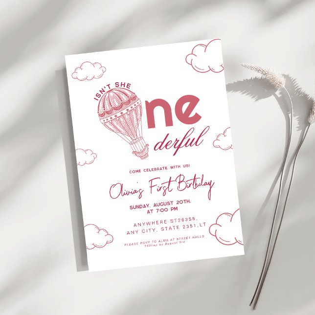 Pink Onederful Hot Air Balloon girl 1st Birthday Invitation (Creator Uploaded)