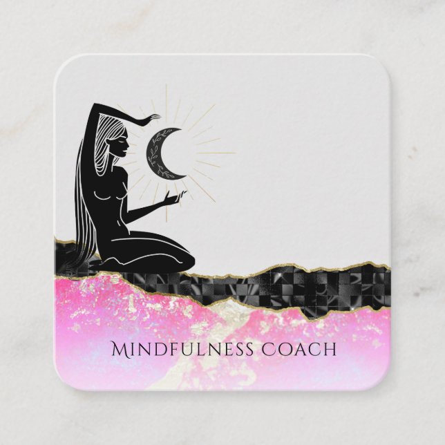 *~* Pink Opal Moon QR code GODDESS Meditate  Square Business Card (Front)