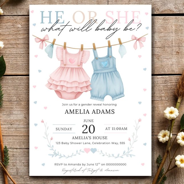 Pink or Blue Baby Clothes Gender Reveal Invitation (Creator Uploaded)