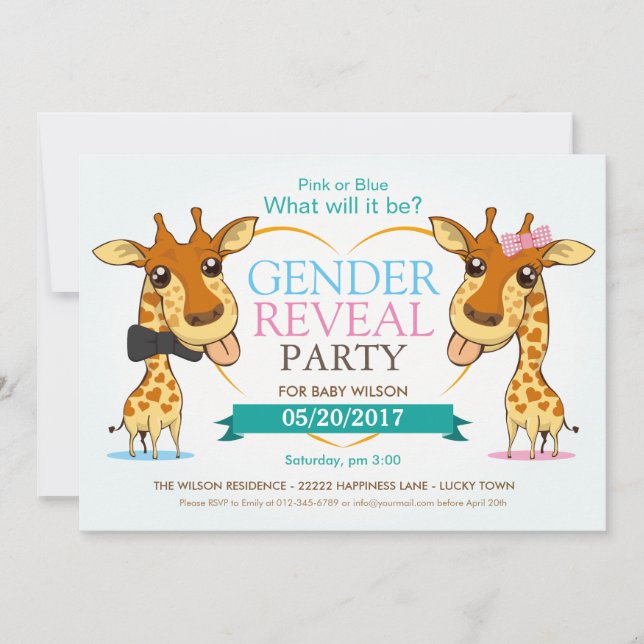 Pink or Blue Baby Giraffe Gender Reveal Party RSVP Invitation (Front)