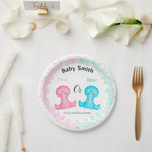 Pink Or Blue Dinosaur Baby Shower Gender Reveal Paper Plate (Wedding)