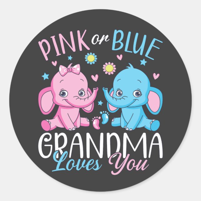 Pink Or Blue Grandma Loves You Elephant Baby Classic Round Sticker (Front)