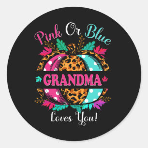 Pink Or Blue Grandma Loves You Leopard Pumpkin Fal Classic Round Sticker