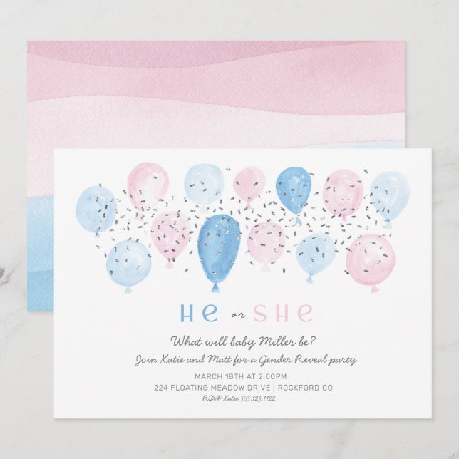 Pink or Blue modern Balloon pop gender reveal Invitation (Front/Back)