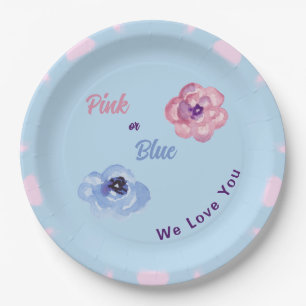 Pink or Blue We Love You Watercolor Flowers Paper Plate