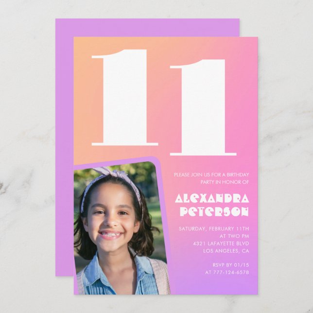 Pink Orange 11th birthday invitations Retro (Front/Back)