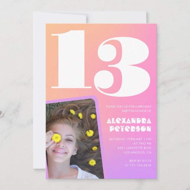 Pink Orange 13th birthday invitations Retro (Front)